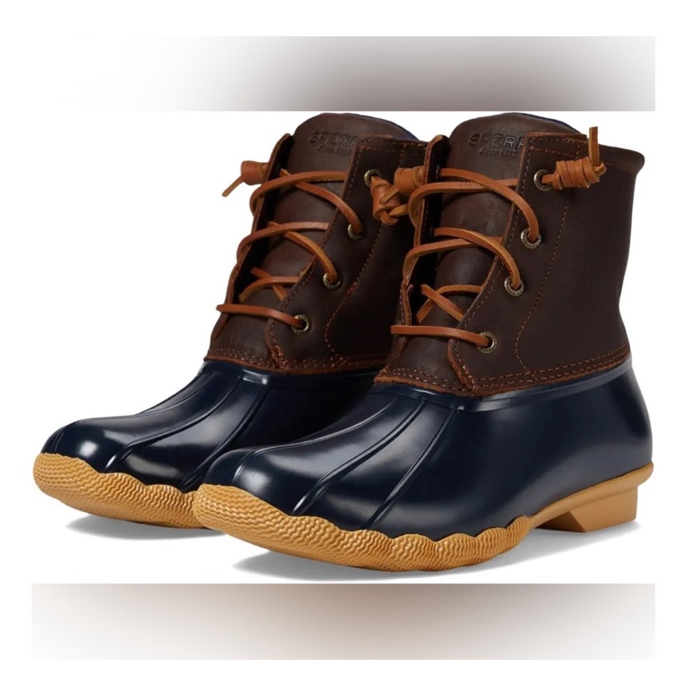 Sperry Women's Black Rubber & Brown Leather Saltwater Waterproof Duck Boots Sz 7